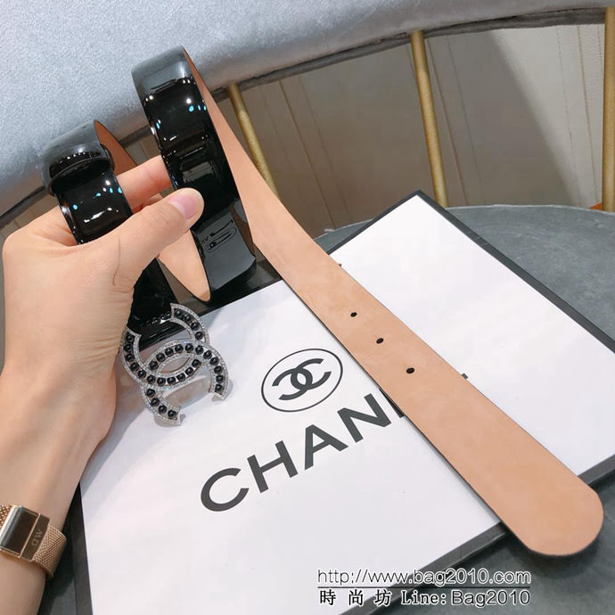 CHANEL香奈兒 18新款 30mm精品 CC珍珠滿鑽鏤空扣 樹膏底妖帶 網紅同款腰帶  xfp1161